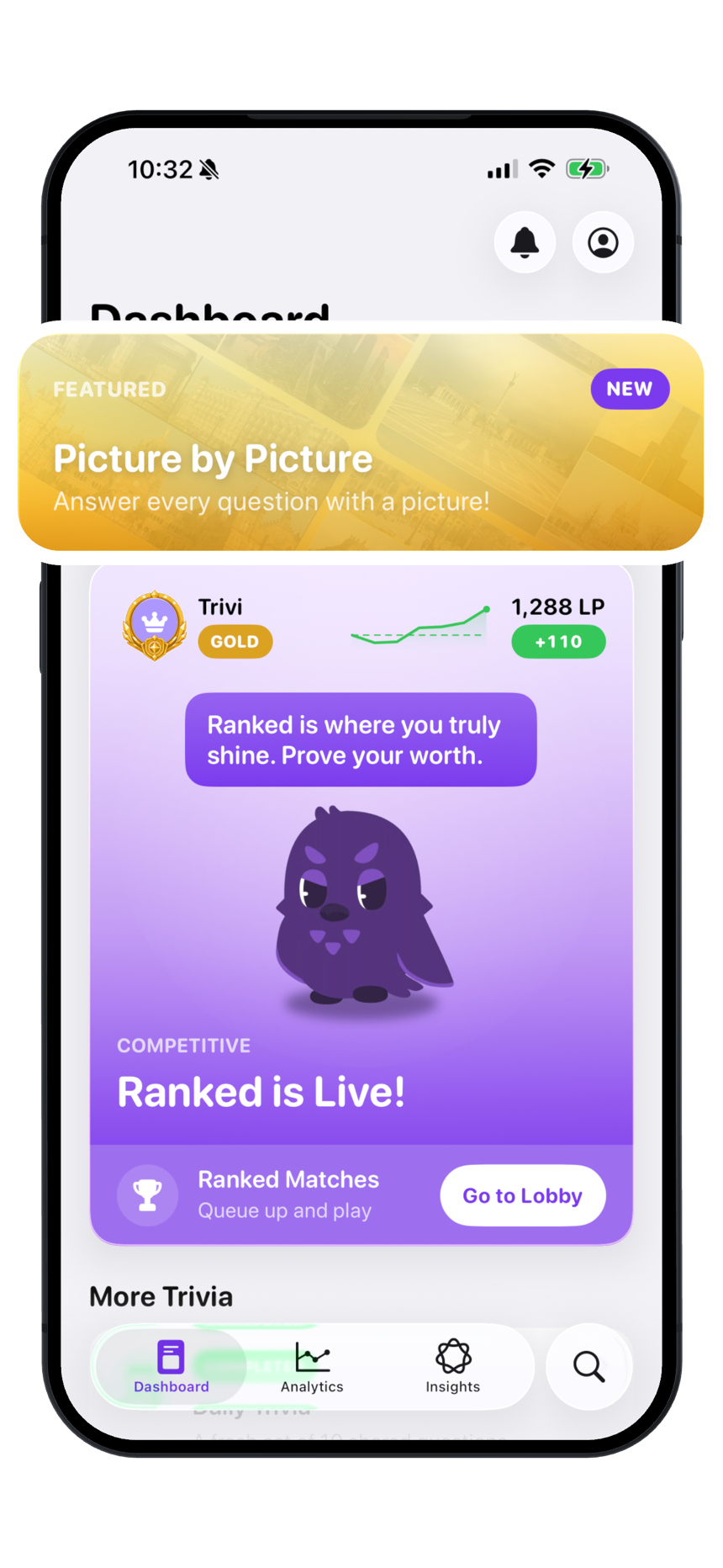 Trivi dashboard showing ranked mode and Picture by Picture featured.